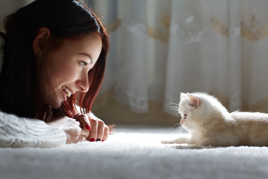 Girl sitting on carpet with kitten